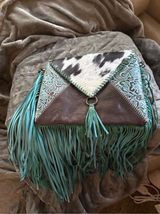 Myra Bag Handbags - Myra Bag-Turquoise Fringe Leather & Cowhide Crossbody Bag